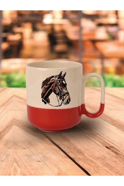 lili hediyelik Horse Head Themed Red Based Mug Cup - Ceramic Tea, Coffee Gift Cup