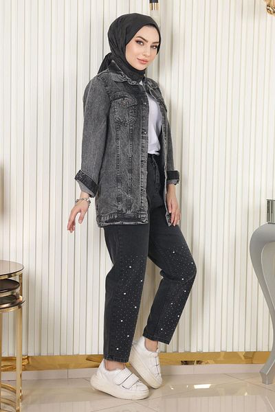 Modamihram Stone Detailed Jeans Black 6094