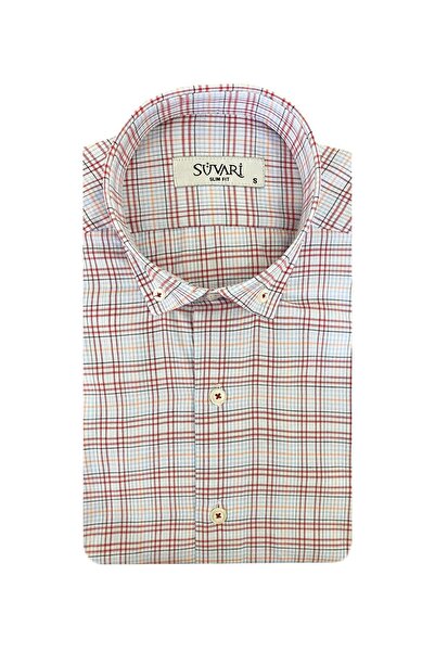 SÜVARİ Мъжка риза с къс ръкав и червен шарен крой Süvari Slim Cut