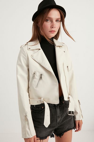 YERTEKS Cremefarbene Lederjacke für Damen