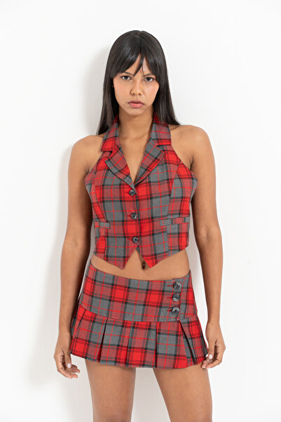 Kikiriki Black Red Plaid Vest & Mini Skirt Set