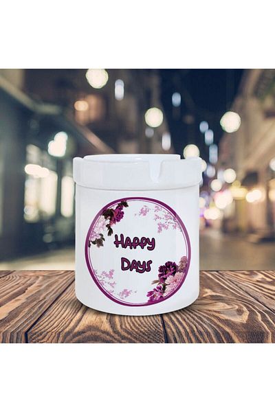 HobiShop Happy Days Text Printed Ashtray Ashtray with Purple Flowers -3014