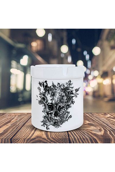 HobiShop Ασπρόμαυρο Floral Skull Printed Ashtray Ashtray -9995