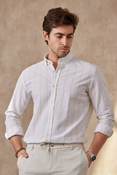 RAVANELLI Striped Modern Slim Fit Linen Long Sleeve Men's Shirt