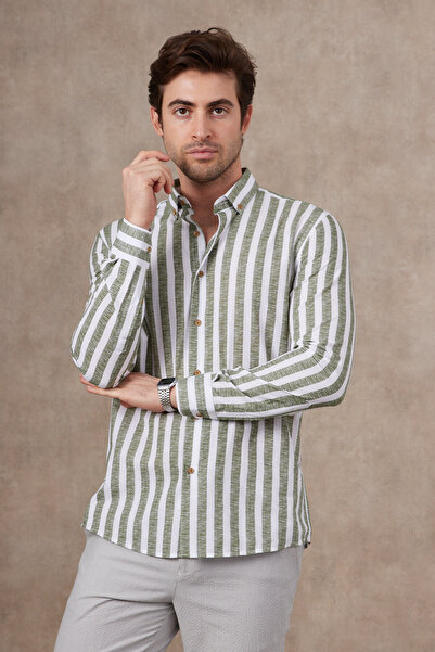 RAVANELLI Çizgili Modern Slim Fit Keten Görünümlü %100 Pamuk Uzun Kol Erkek Gömlek