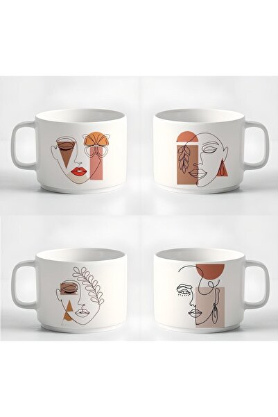 HobiShop Çay Kahve Espresso Fincanı Minimal24 Çizgisel Kadın Baskılı Kupa 4 A...