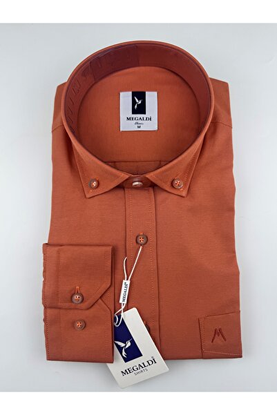 MEGALDİ Erkek Klasik Kesim Kiremit Şamreli Uzun Kollu Cepli Gömlek