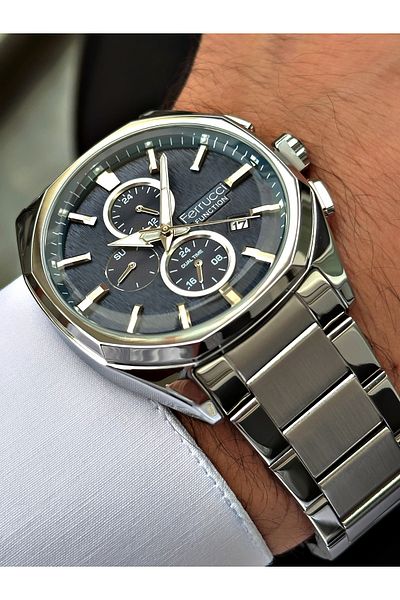 Ferrucci Silver Color Functional Steel Strap Men's Wristwatch Bracelet Gift