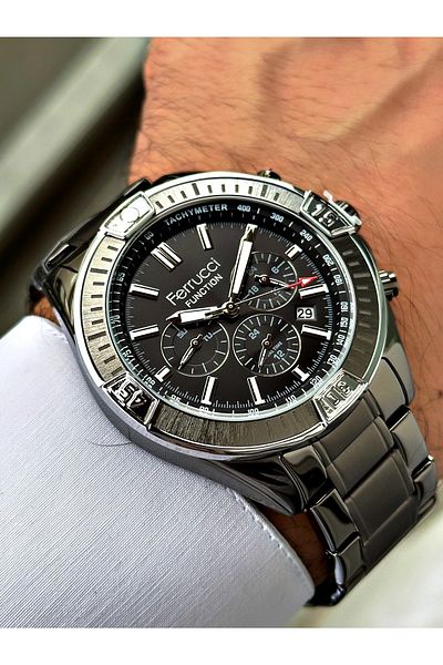 Ferrucci Anthracite Color Functional Steel Cord Men's Wrist Watch with Bracelet Gift