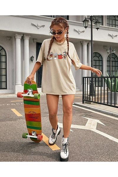 khufu ΚΑΦΕ Μπλουζάκι Unisex με στάμπα μπεζ Oversize Loose Cut