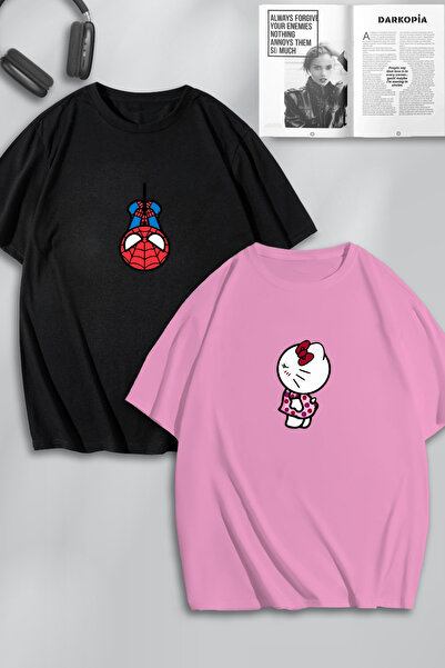 darkopia Unisex Γυναικείες άντρες Hello Kitty Spiderman με στάμπα Lover Couple Combination Design Oversize Tshirt Πακέτο 2