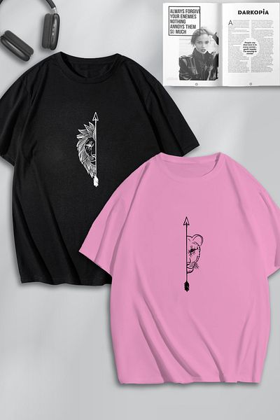 macklin Unisex Γυναικεία Ανδρικά Lion Arrow Printed Lover Couple Combination Design Oversize Tshirt 2 τμχ