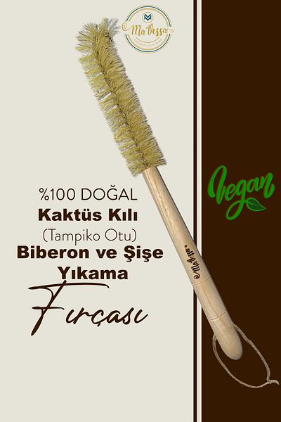 Ma'Vessa Natural Cactus Hair (Tampico Herb) Decorative Vegan Wooden Baby Bottle and Bottle Cleaning Brush