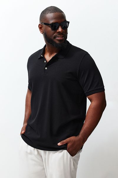 Trendyol Collection Black Polo Neck Basic T-shirt - 100% Cotton, Plus Size TMNSS24BF00000