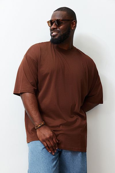 Trendyol Collection Oversize Brown Cotton T-Shirt - Plus Size Tmnss23Ts00139