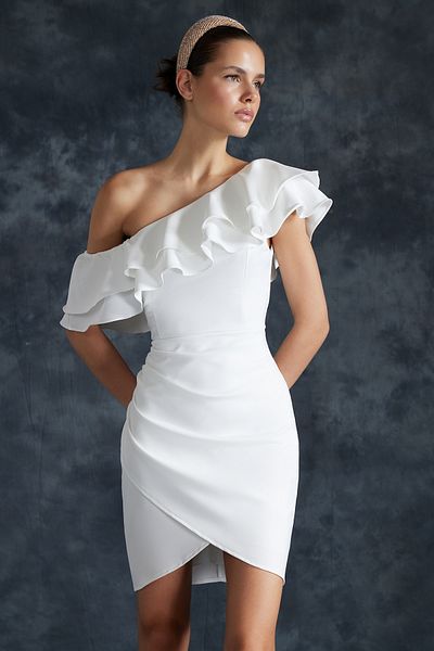 Trendyol Collection Νυφικό Λευκό Νυφικό Βραδινό Φόρεμα Κοντό Νυχτερινό Φόρεμα Αποφοίτησης με Λεπτομέρεια Φόδρα TPRSS24EL00013