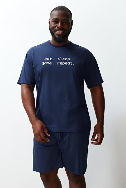 Trendyol Collection Plus Size Navy Regular Fit Comfortable Slogan Printed Knitted Shorts Pajamas Set TMNSS23PT00013