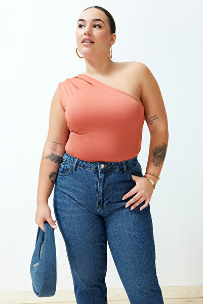 Trendyol Curve Cinnamon Asymmetrical Collar Bottom Snap Knitted Body TBBSS24A...