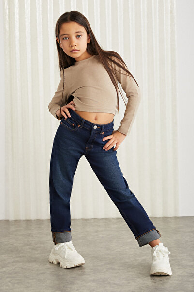 GRIMELANGE LILLY-GRM24017 95%pamuk 5%elastane uzun kollu  kız çocuk crop Bej Bluz