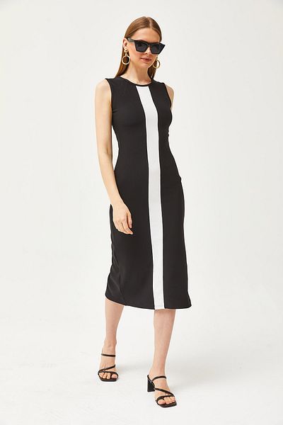 Olalook Rochie otomană subțire cu snur din Lycra cu dungi groase alb-negru pentru femei ELB-19002082
