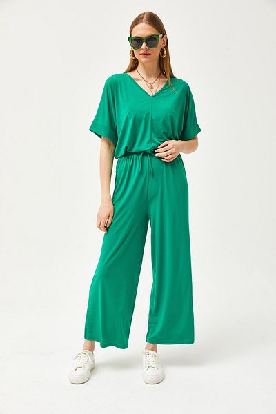 Olalook Grünes Oberteil, Bluse, Unterteil, Palazzo, lockeres Strick-Set für Damen, TKM-19000267