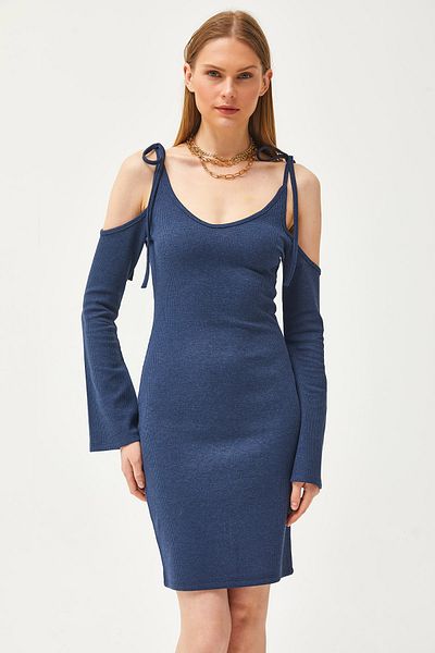 Olalook Γυναικείο Indigo Strap Tie Ισπανικό φόρεμα βάφλα με μανίκια ELB-19002078
