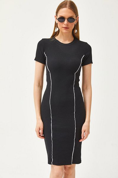 Olalook Schwarzes Mini-Baumwollkleid mit Streifen aus Lycra für Damen ELB-19002066