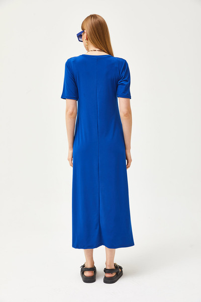 Olalook Kadın Saks Mavi V Yaka Salaş Maxi Elbise ELB-19002076