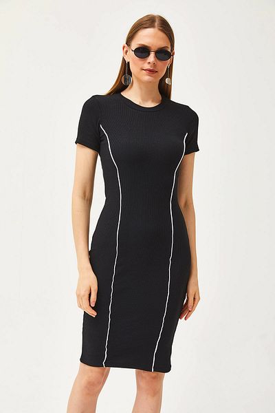 Olalook Schwarzes Mini-Baumwollkleid mit Streifen aus Lycra für Damen ELB-19002066