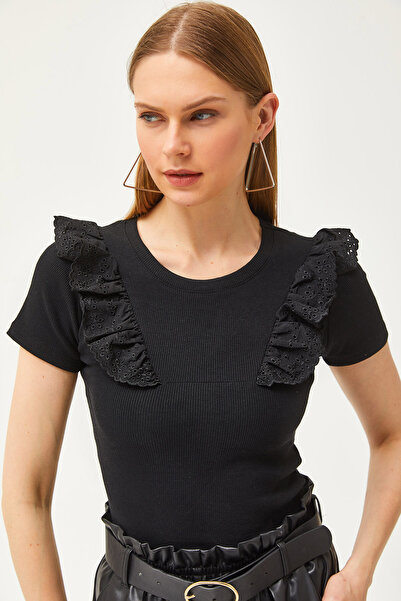 Olalook Dámská černá bavlněná halenka s krátkým rukávem s krátkým rukávem BLZ-19002537