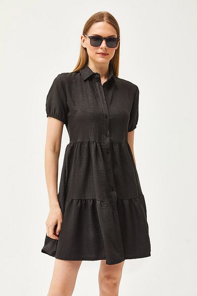 Olalook Dámské černé lněné košilové šaty ELB-19002075