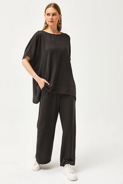 Olalook Damen-Anzug mit schwarzem Oberteil, lockerer Bluse und Untertasche, Palazzo-Anzug aus Leinen, TKM-19000266