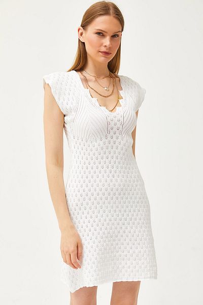 Olalook Damen Glockenkleid aus Strick mit V-Ausschnitt und Lochmuster, ecru, ELB-19002071
