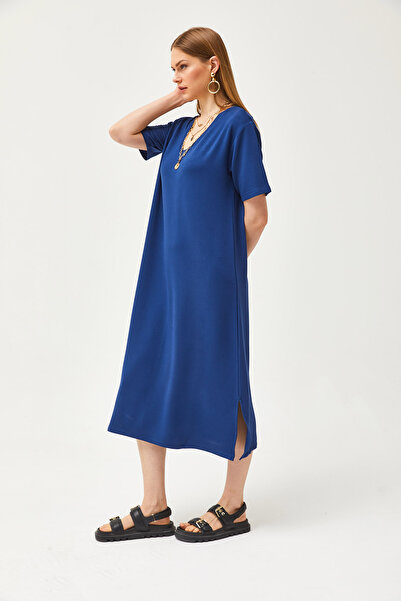 Olalook Kadın Lacivert V Yaka Yanı Yırtmaçlı Yumuşak Dokulu Elbise ELB-19002063