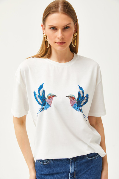 Olalook Γυναικείο T-Shirt από εκρού Bird με στάμπα με πέτρα με λεπτομέρειες TSH-19000784