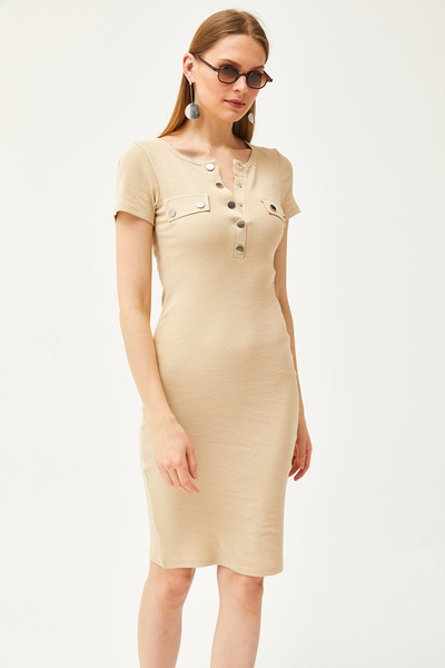 Olalook Damska beżowa metalowa plisa z kieszeniami na akcesoria z lycry mini bawełniana sukienka ELB-19002067