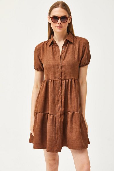 Olalook Γυναικείο Tan Piece Λινό Φόρεμα ELB-19002075