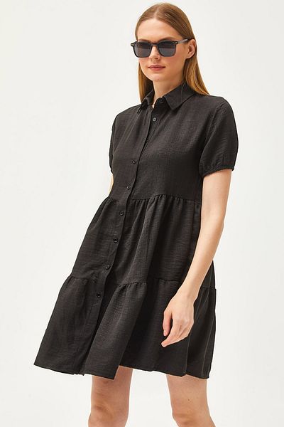 Olalook Dámské černé lněné košilové šaty ELB-19002075