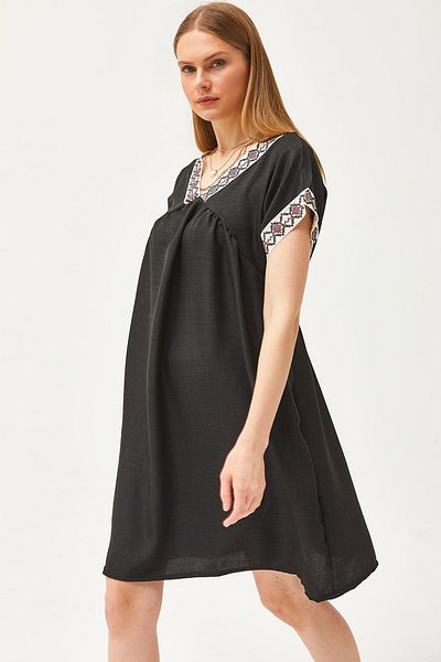 Olalook Schwarzes Kleid mit Kragen und Spitze und Leinenanteil für Damen ELB-19002077