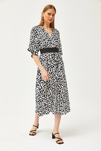 Olalook Dámské černé dvouřadé límečkové tkané šaty s pružným pasem ELB-19002084