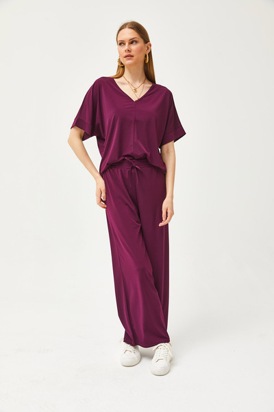 Olalook Női szilva felső blúz alsó Palazzo laza kötött készlet TKM-19000267