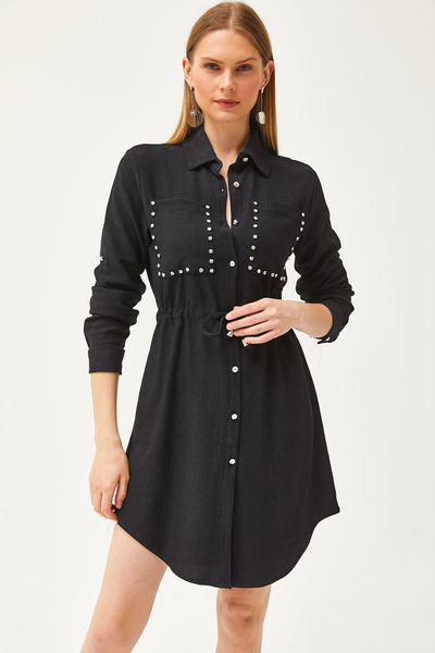 Olalook Women's Black Pocketed Waist Lace-up Stone Detailed Shirt Dress ELB-19002064
