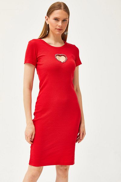 Olalook Women's Red Heart Low-cut Stone Garnish Lycra Mini Cotton Dress ELB-19002065