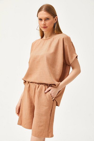 Olalook Women's Camel Top Loose Blouse Bottom Pocket Shorts Linen Look Suit Tkm-19000268