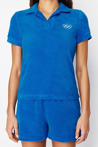 The Olympic Collection Blaue Frottee-Strickbluse TWOAW24BZ00430