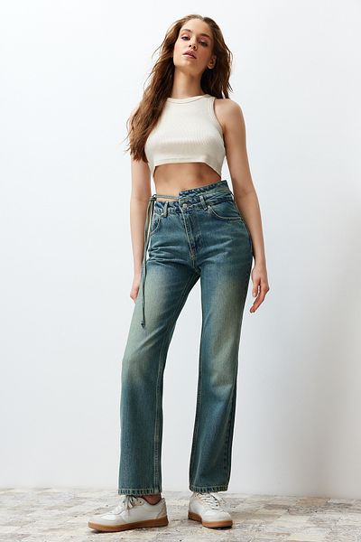 Trendyol Collection Blugi albastri cu talie dubla siret cu talie inalta cu picioare late TWOSS24JE00193
