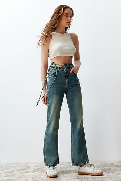 Trendyol Collection Blugi albastri cu talie dubla siret cu talie inalta cu picioare late TWOSS24JE00193