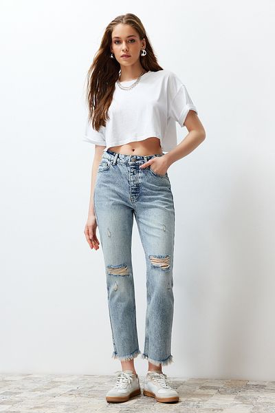 Trendyol Collection Blugi drepți cu talie înaltă și detaliați albastru TWOSS24JE00178