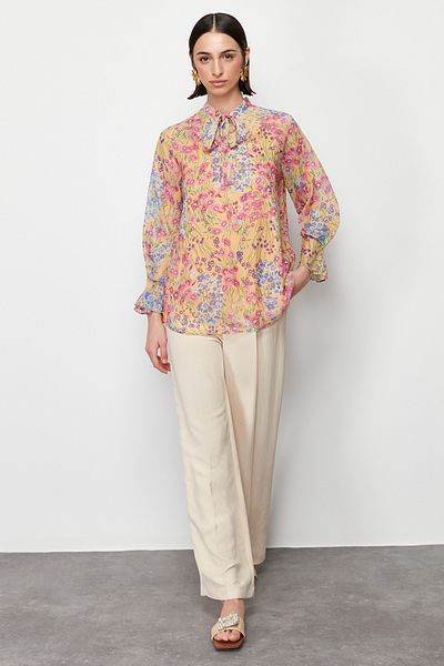 Trendyol Modest Yellow Lined Chiffon Patterned Woven Tunic TCTSS24UK00026