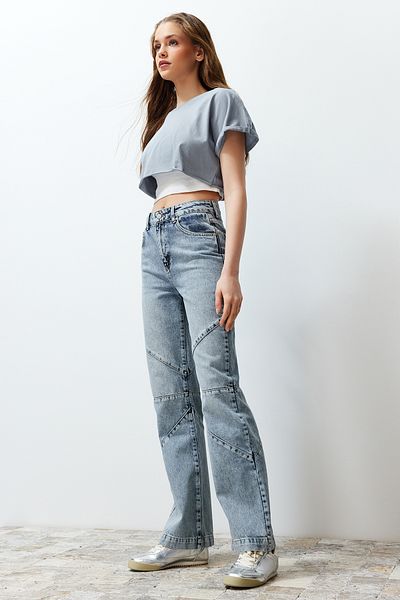 Trendyol Collection Blue Stitching Detailed High Waist Wide Leg Jeans TWOSS24JE00186